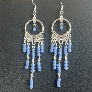 Silver Blue Beaded Dangle Earrings